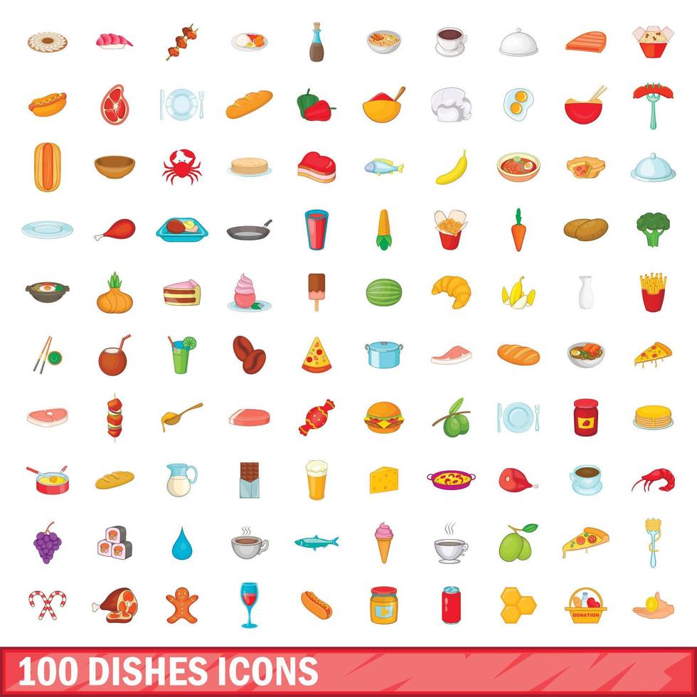 100 piatti set di icone, stile cartone animato vettore