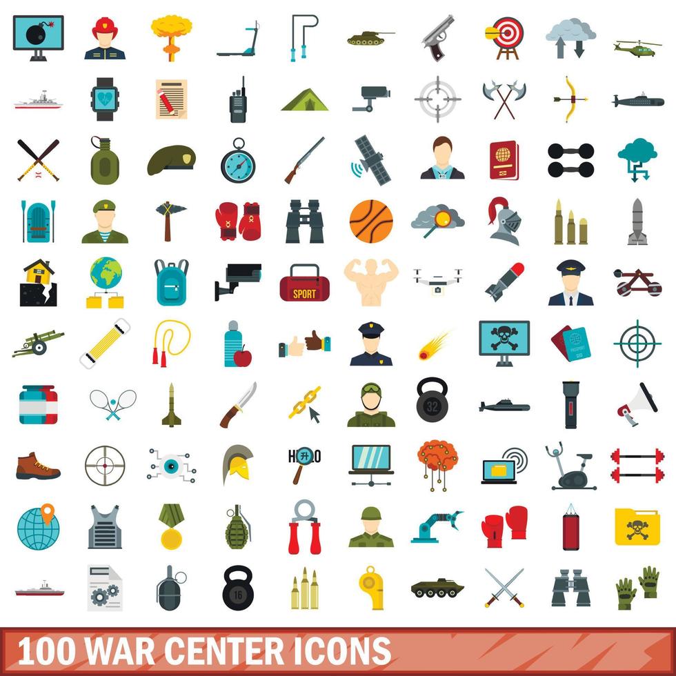 100 set di icone del centro di guerra, stile piatto vettore