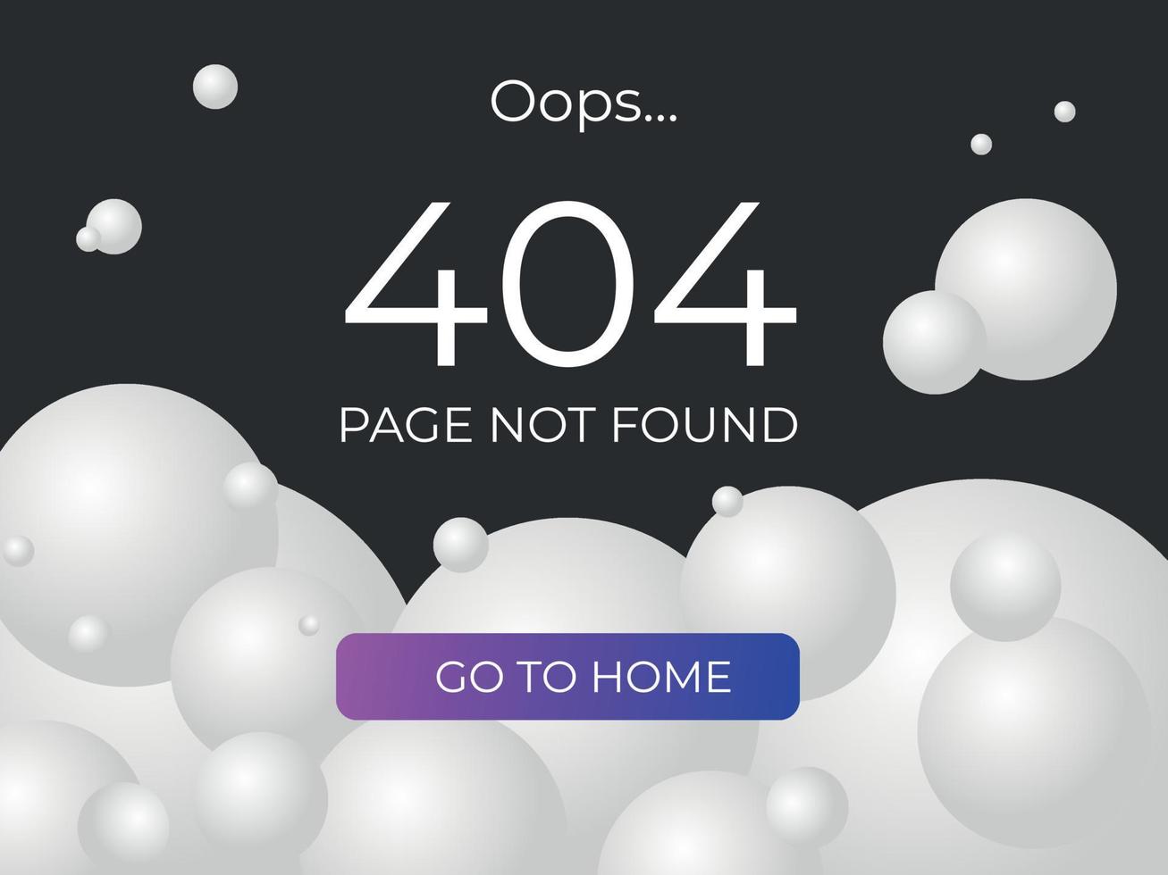 errore 404 del sito web. progettazione della pagina dell'interfaccia utente ux. interfaccia utente con sfondo scuro e palline bianche. pulsante luminoso. vettore