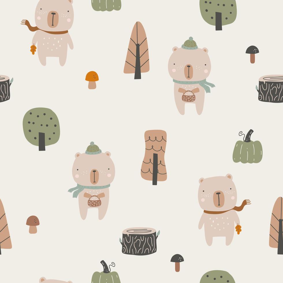 modello infantile senza cuciture con orso, zucca e funghi. struttura urbana infantile creativa per tessuto, avvolgimento, tessile, carta da parati, abbigliamento. illustrazione vettoriale. vettore