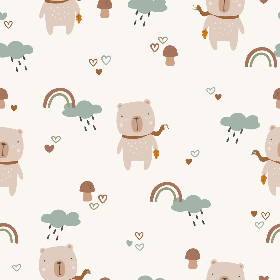 modello infantile senza cuciture con orso, arcobaleno e funghi. struttura urbana infantile creativa per tessuto, avvolgimento, tessile, carta da parati, abbigliamento. illustrazione vettoriale. vettore