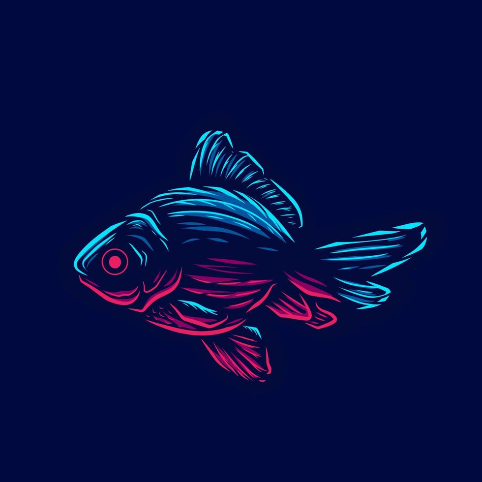 vettore di logo di arte di pesce. design al neon animale con sfondo scuro. illustrazione grafica astratta. sfondo nero isolato per t-shirt, poster, abbigliamento, merchandising, abbigliamento, design distintivo