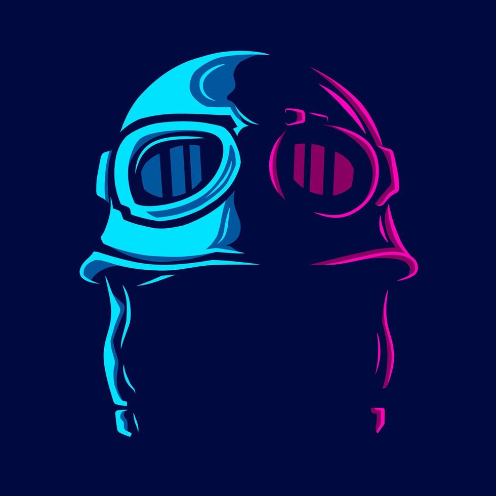 casco retrò vintage mezza faccia linea avventura neon art potrait logo design colorato con sfondo scuro. illustrazione vettoriale astratta. sfondo nero isolato per t-shirt, poster, abbigliamento, merchandising