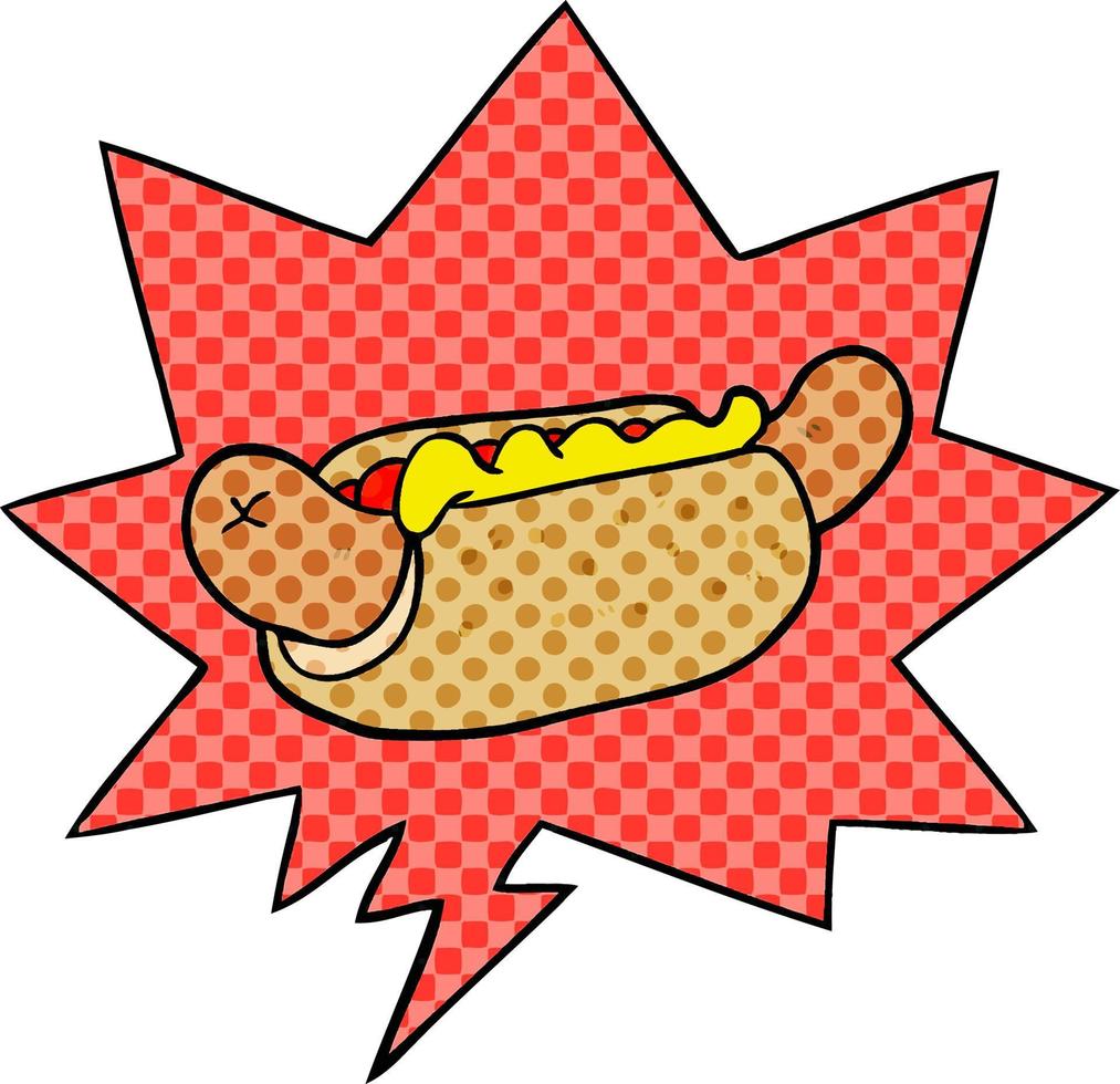 fumetto fresco gustoso hot dog e fumetto in stile fumetto vettore