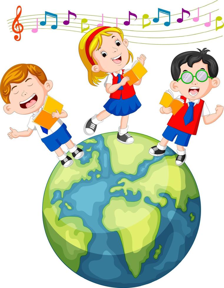 bambini delle scuole che cantano sul globo vettore