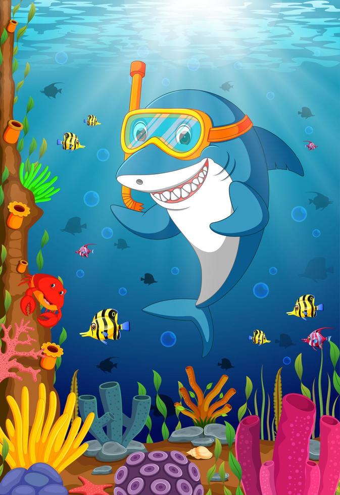 squalo cartone animato sotto il mare vettore