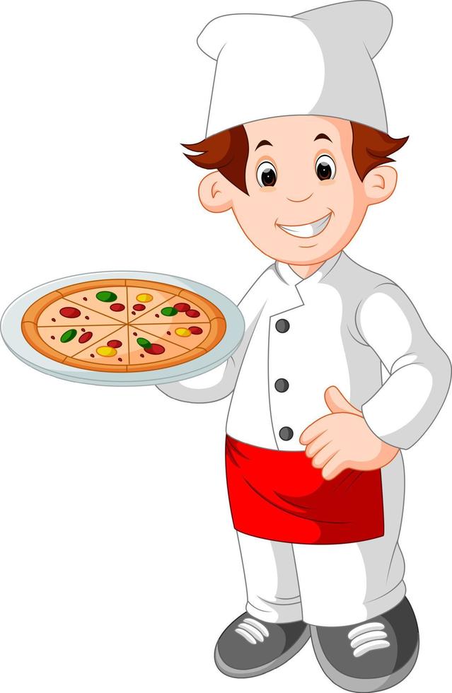 chef del fumetto che tiene pizza vettore