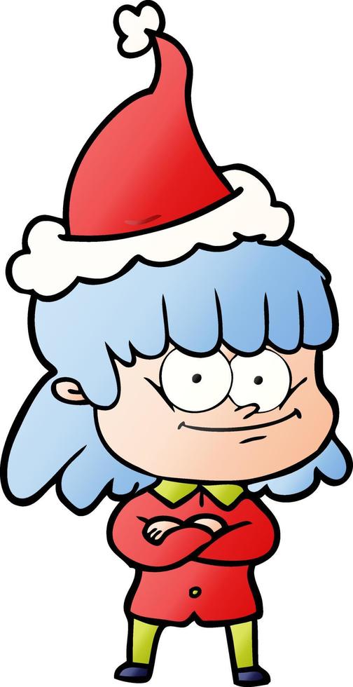 cartone animato sfumato di una donna sorridente che indossa il cappello di Babbo Natale vettore