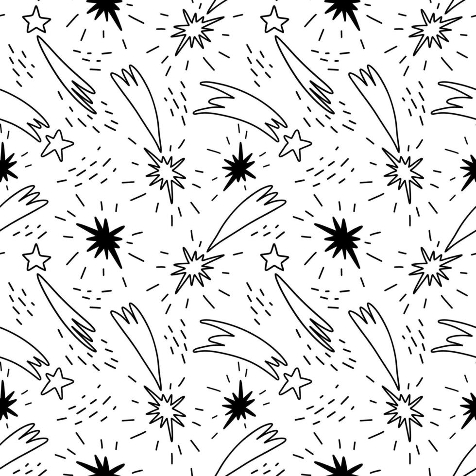 modello senza cuciture con stelle cadenti. uno schema disegnato a mano di comete brillanti con code. illustrazione stock vettoriale di fenomeni celesti nero su bianco.