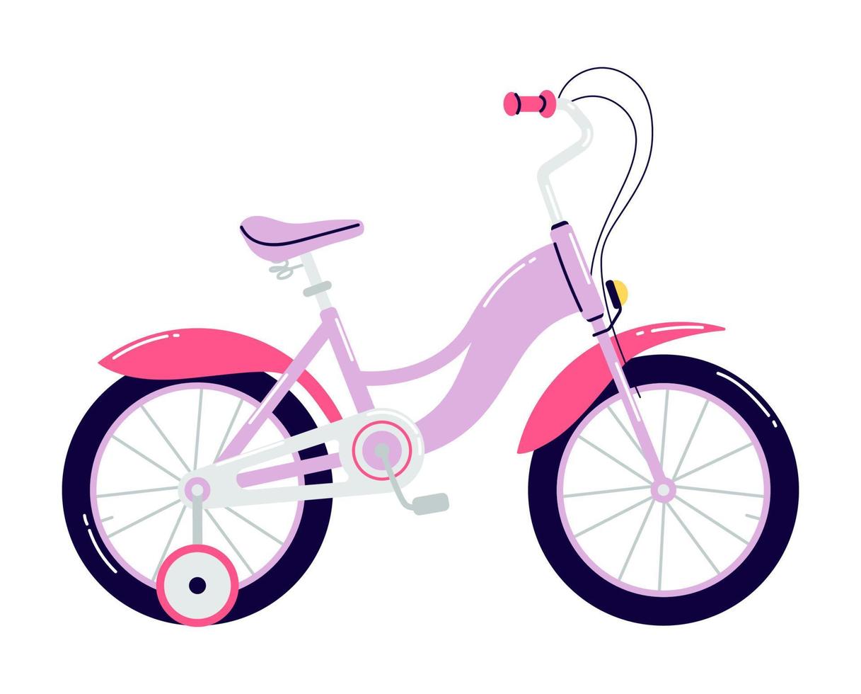 bicicletta a quattro ruote per bambini con freno a mano. bici viola cartone animato con parafanghi rosa e ruote rimovibili. vettore di illustrazione del veicolo per bambini isolato su sfondo bianco.