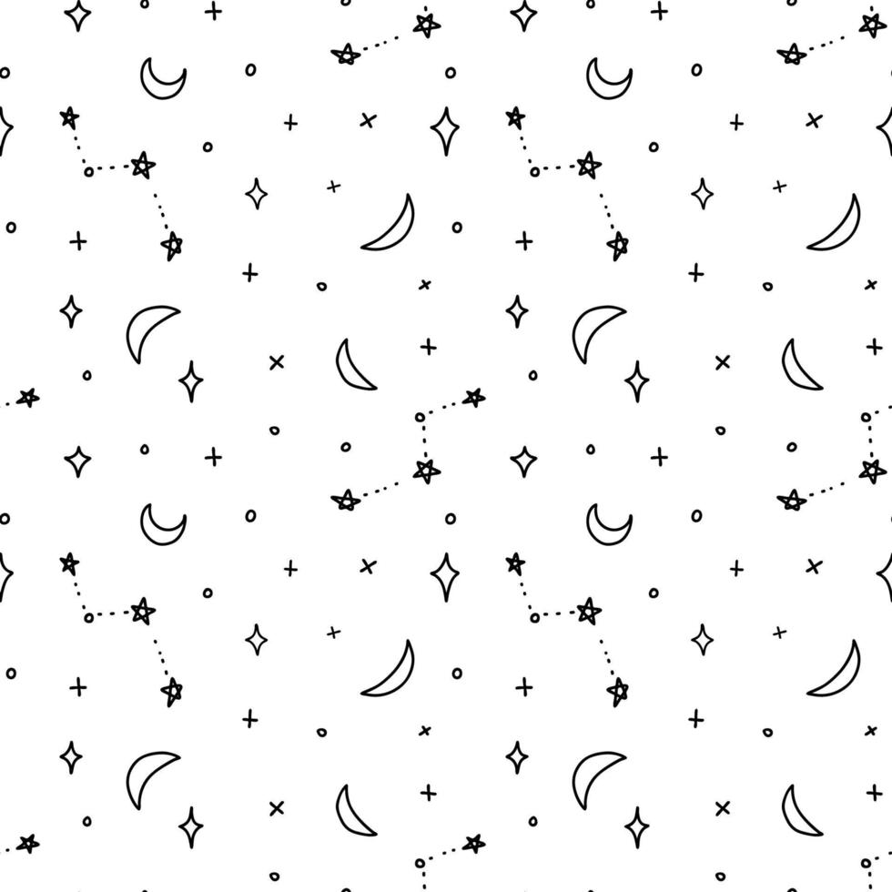 modello senza cuciture con mezzelune e stelle. nero su bianco motivo di costellazioni e altri elementi celesti disegnati a mano. vettore