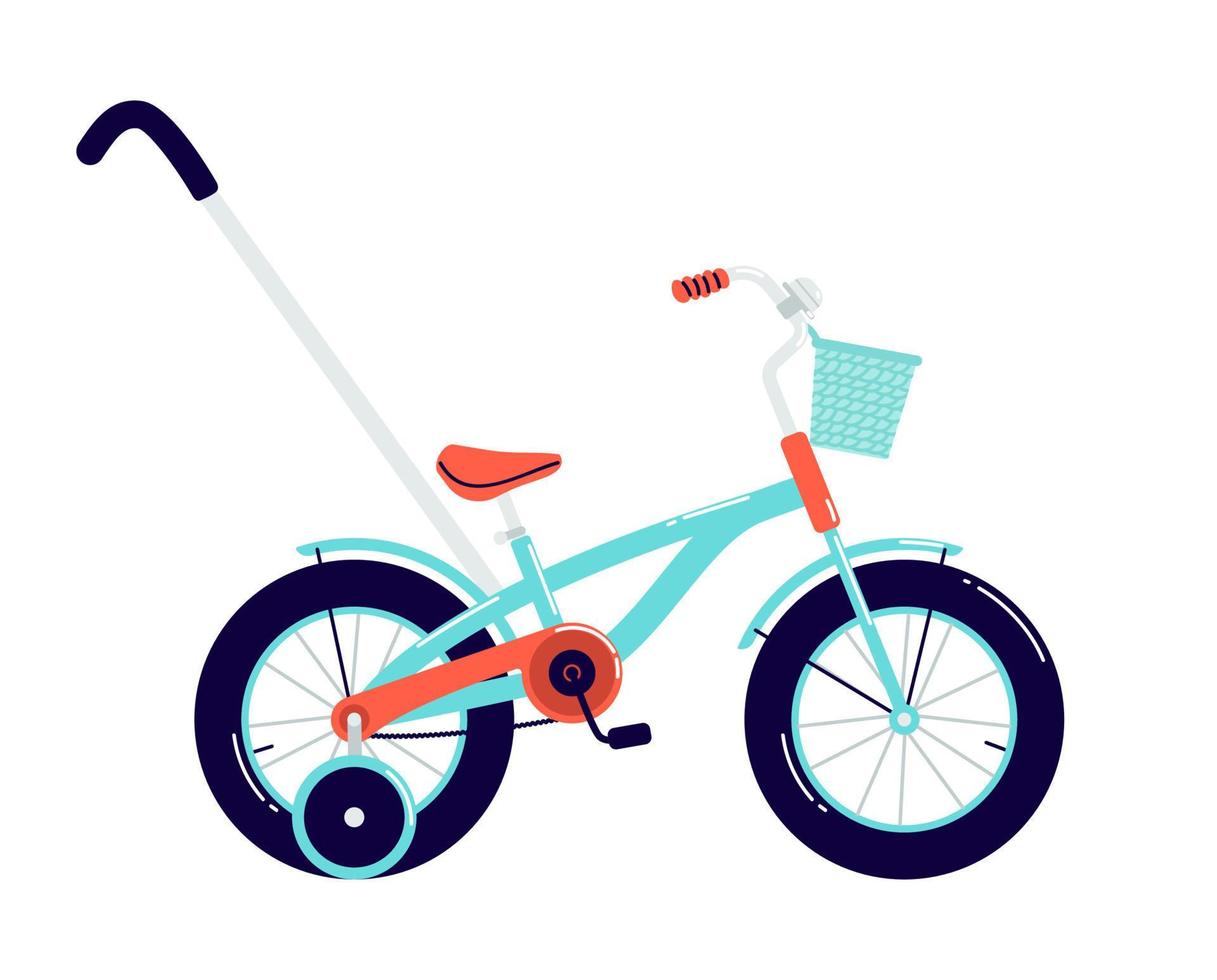 bicicletta a quattro ruote per bambini con maniglia. bicicletta blu cartone animato con un cestino e una sella rossa. vettore di illustrazione del veicolo di trasporto per bambini isolato su sfondo bianco.