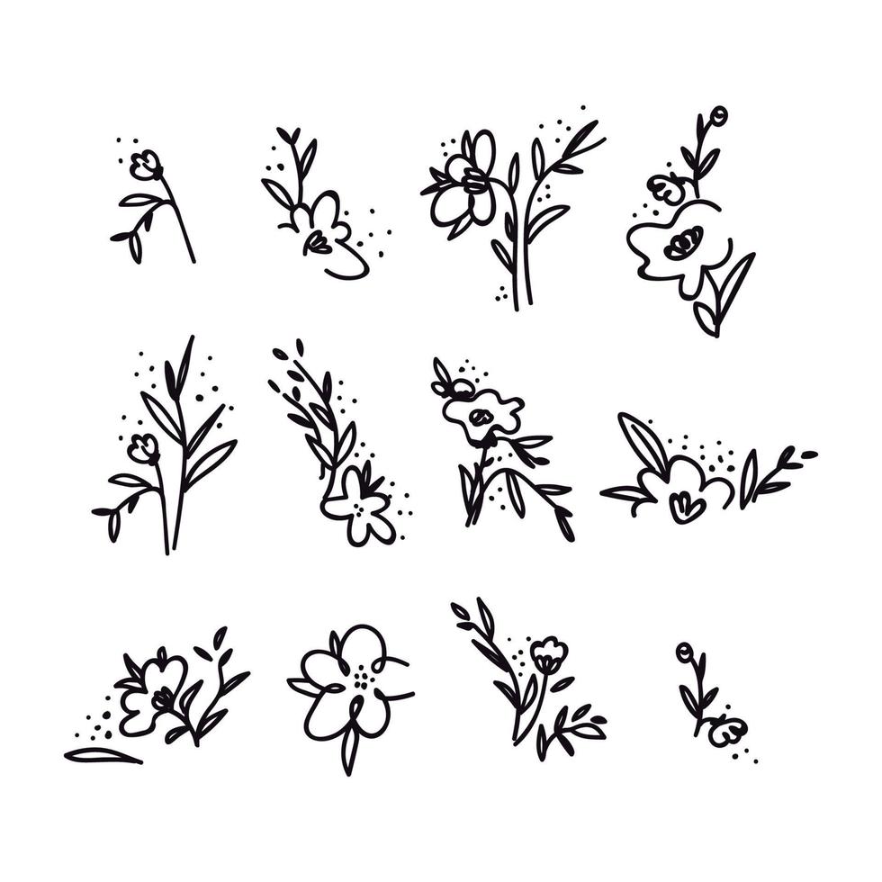 set disegnato a mano di fiori di doodle. raccolta di piante nere astratte su bianco. illustrazione stock vettoriale di fiori e ramoscelli di doodle grafico isolati su sfondo bianco.