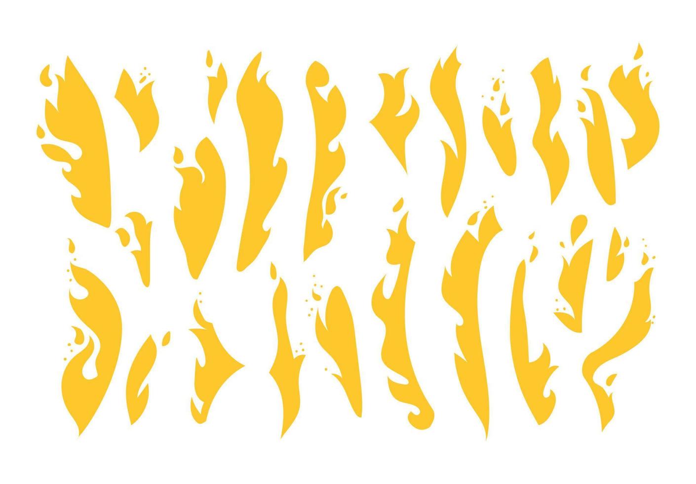 una grande serie di fiamme gialle. raccolta di varie forme di fuoco. sagome disegnate a mano di un falò ardente. illustrazione vettoriale isolato su sfondo bianco.