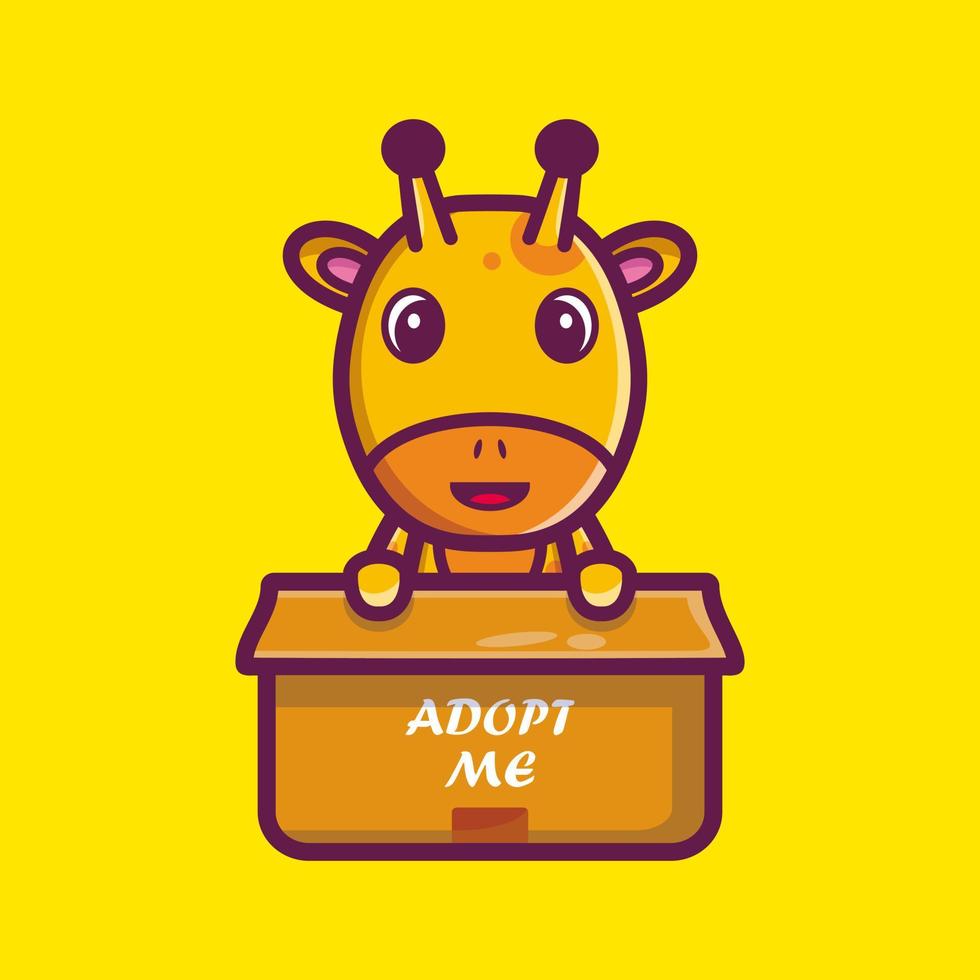 carino giraffa in scatola cartone animato personaggio illustrazione vettoriale, icona animale concetto isolato vettore premium
