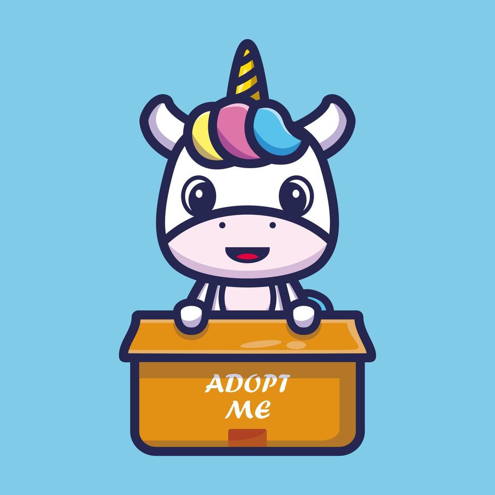 carino unicorno in scatola cartone animato personaggio illustrazione vettoriale, icona animale concetto isolato vettore premium