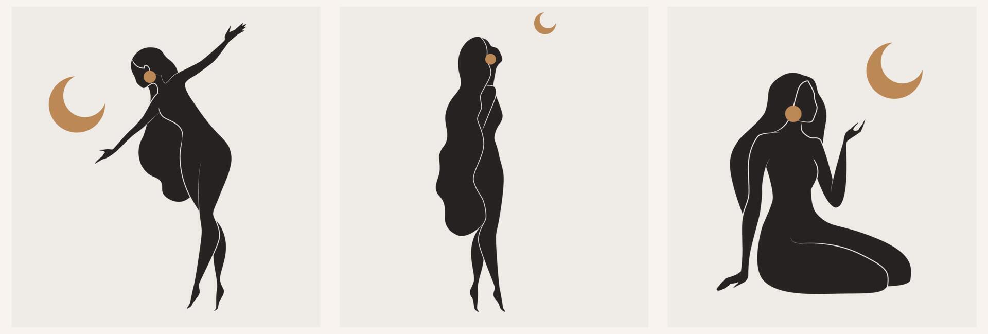 set di arte murale femminile oro e nero, set vettoriale. disegno artistico di una silhouette in una forma mistica e astratta. design astratto di body art per stampa, copertina, carta da parati, arte murale minima. vettore