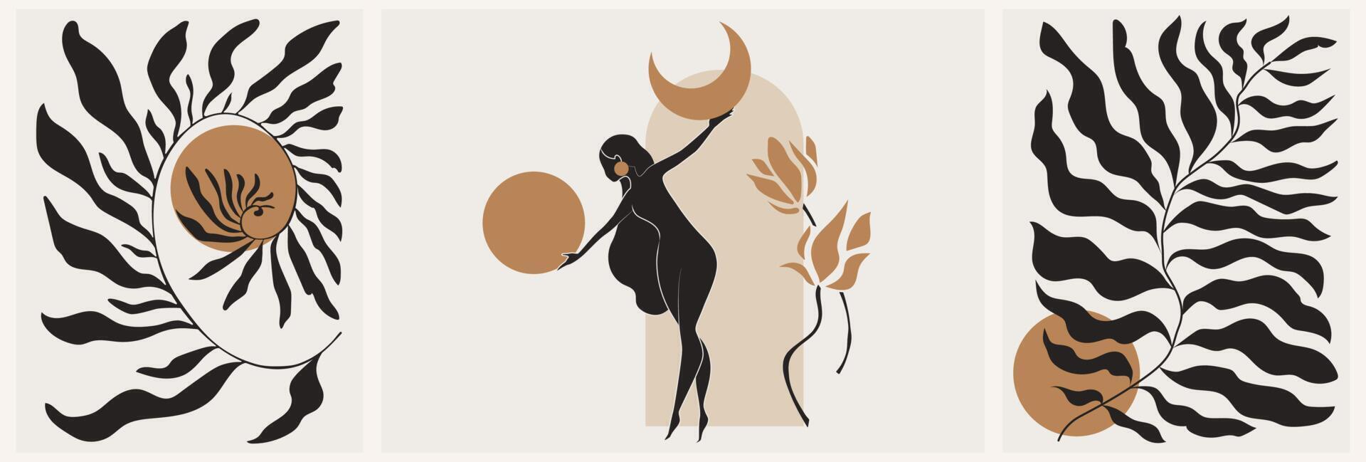 set di arte murale femminile oro e nero, set vettoriale. disegno artistico di una silhouette in una forma mistica e astratta. design astratto di body art per stampa, copertina, carta da parati, arte murale minima. vettore