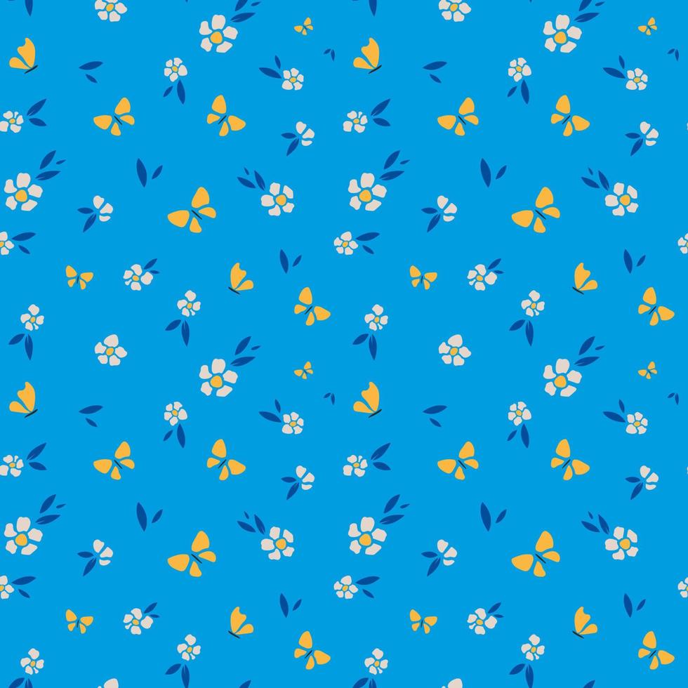 modello senza cuciture di farfalle e fiori. sfondo vintage romantico per tessuti, tessuti, carta decorativa su sfondo blu. vettore