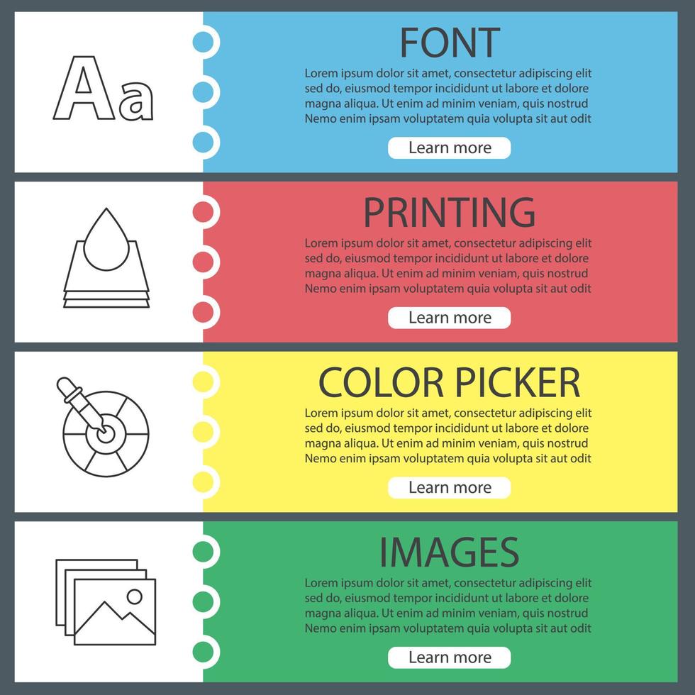 set di modelli di banner web per la stampa. poligrafia e tipografia. font, gocce d'inchiostro, selettore colore, immagini. voci di menu a colori del sito Web con icone lineari. concetti di progettazione di intestazioni vettoriali