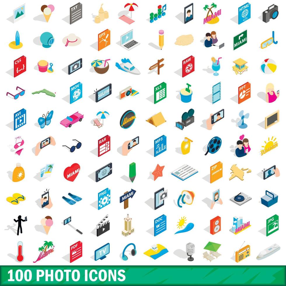 100 icone foto impostate, stile 3d isometrico vettore