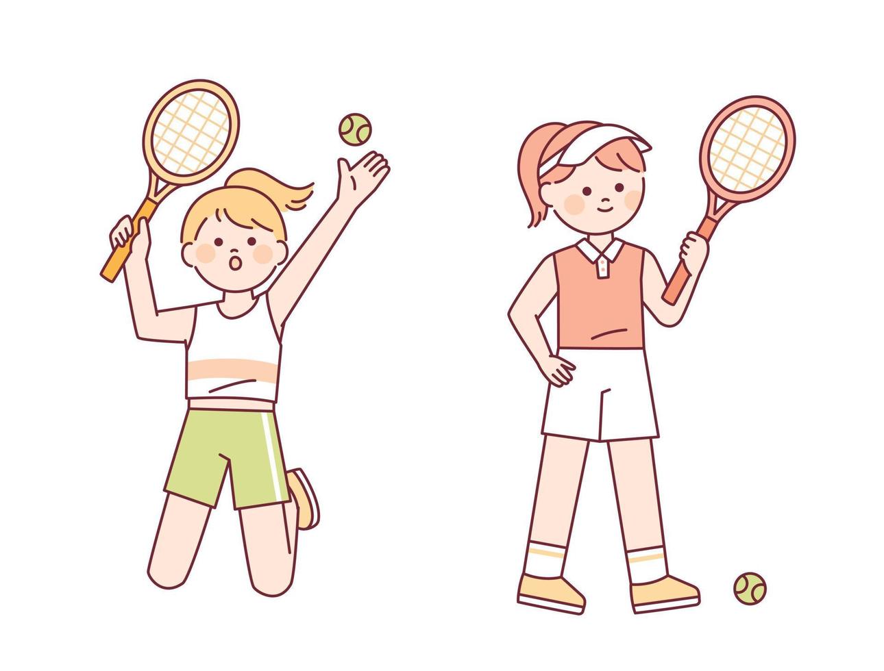 ragazze carine stanno giocando a tennis. una ragazza con un servizio da tennis e una ragazza con una racchetta da tennis. vettore