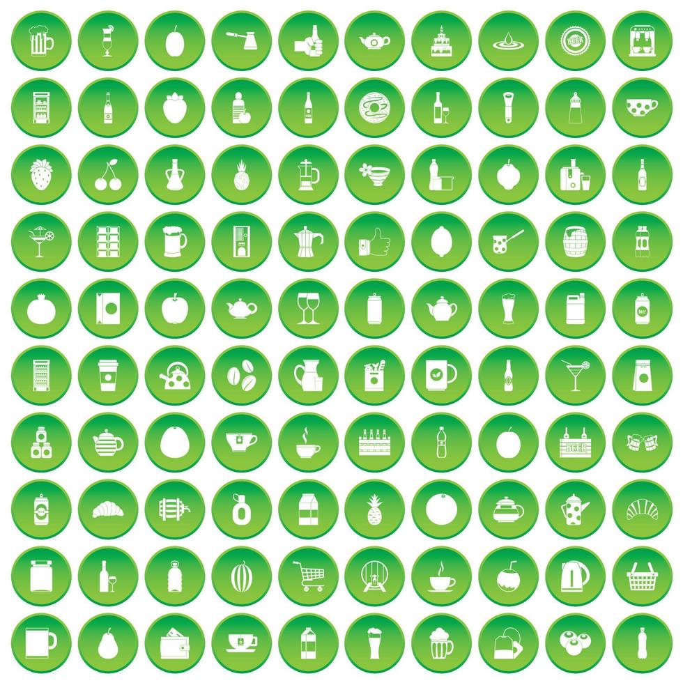 100 icone di bevande impostano il cerchio verde vettore