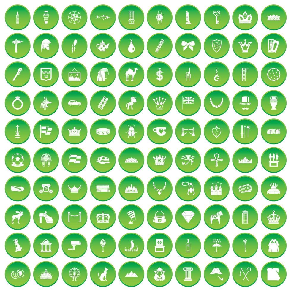 100 icone della corona hanno impostato il cerchio verde vettore