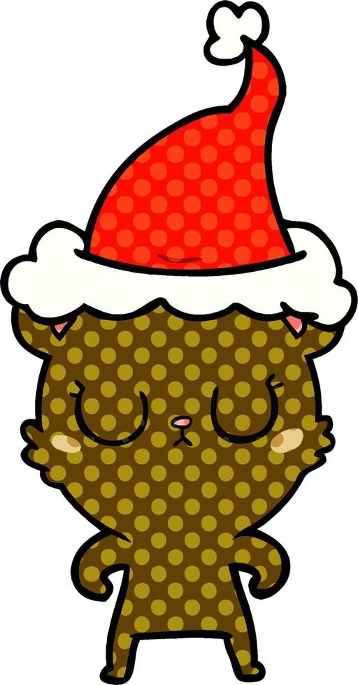 illustrazione pacifica in stile fumetto di un orso che indossa un cappello da Babbo Natale vettore