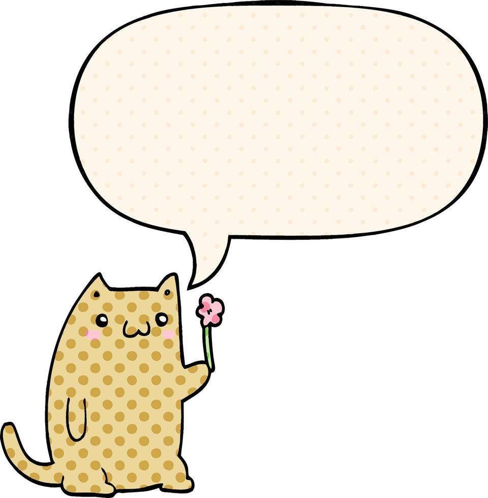 simpatico gatto cartone animato e fiore e fumetto in stile fumetto vettore
