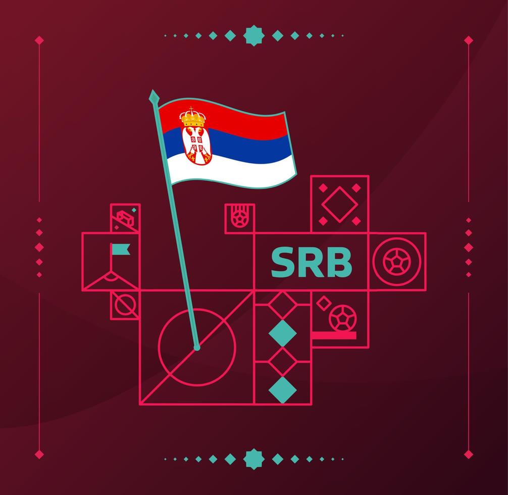 Torneo mondiale di calcio serbia 2022 bandiera ondulata vettoriale appuntata su un campo da calcio con elementi di design. Fase finale del torneo mondiale di calcio 2022. colori e stile non ufficiali del campionato.