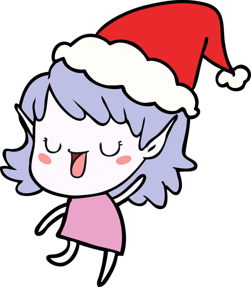 disegno a tratteggio di una ragazza elfo che indossa il cappello di Babbo Natale vettore