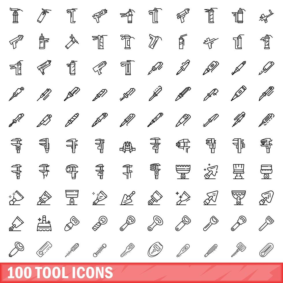 100 icone degli strumenti impostate, stile contorno vettore