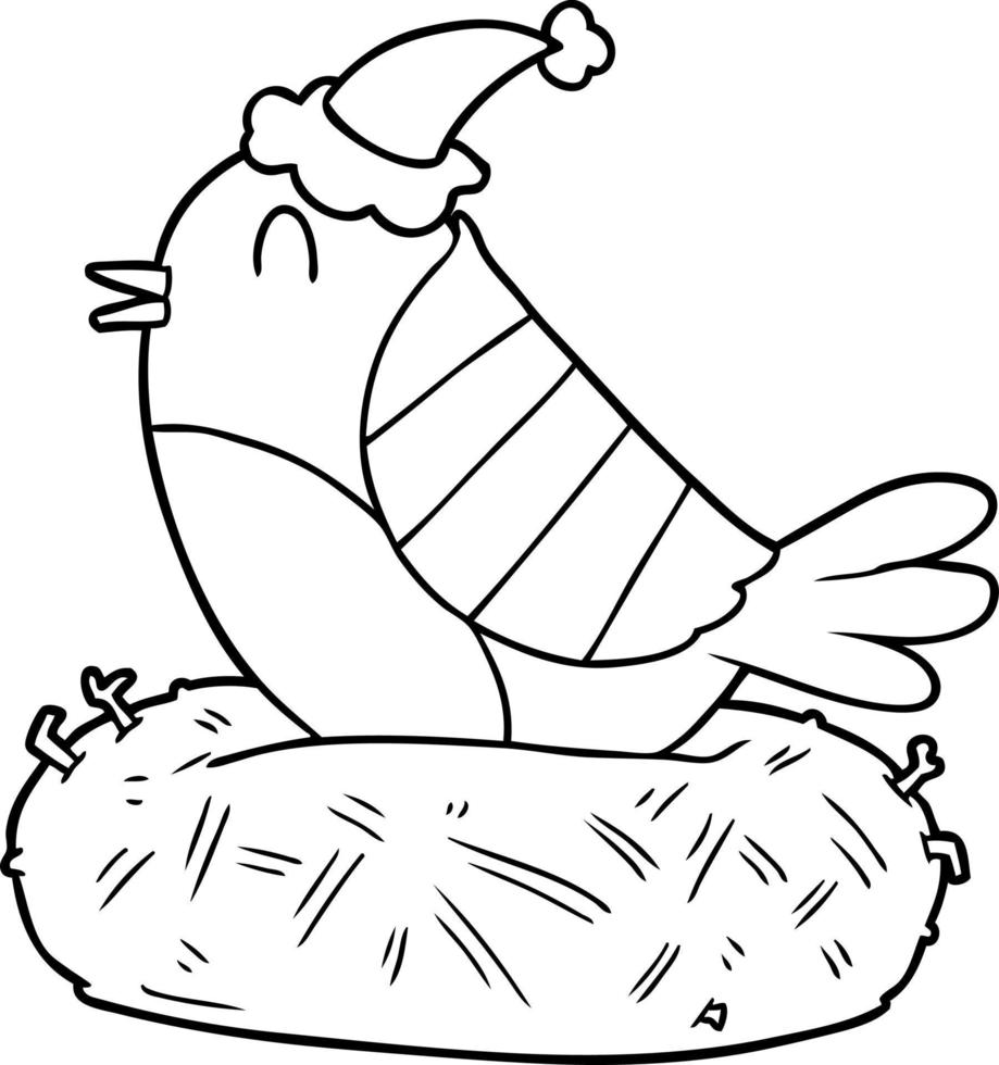 disegno a tratteggio di un uccello seduto sul nido che indossa il cappello di Babbo Natale vettore