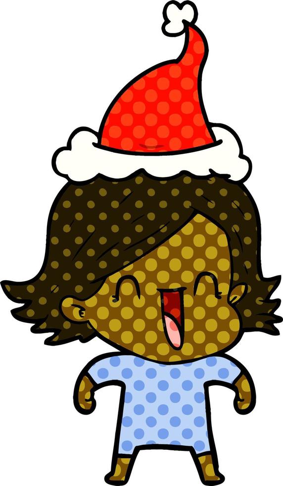 illustrazione in stile fumetto di una donna felice che indossa il cappello di Babbo Natale vettore