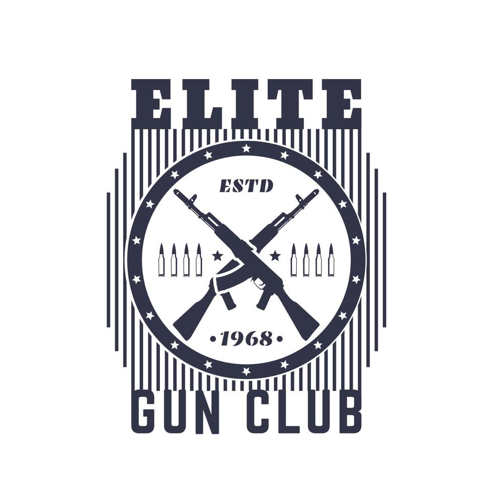 emblema vintage gun club con fucili automatici, t-shirt stampata su bianco vettore