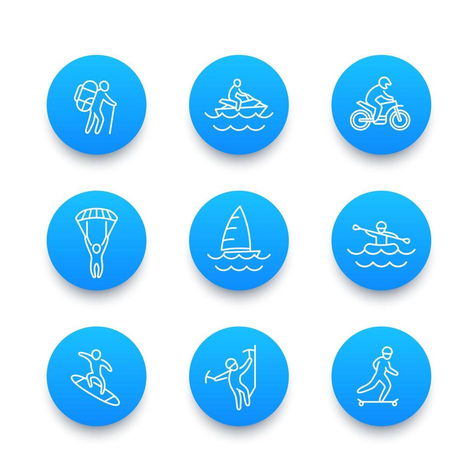 icone della linea di attività all'aperto estreme, paracadutismo, alpinismo, skateboard, vela, motocross, rafting vettore