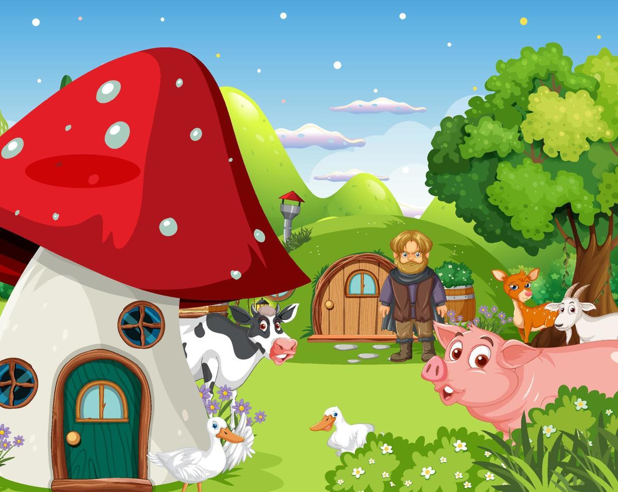 scena di cartone animato fantasy con animali da fattoria vettore