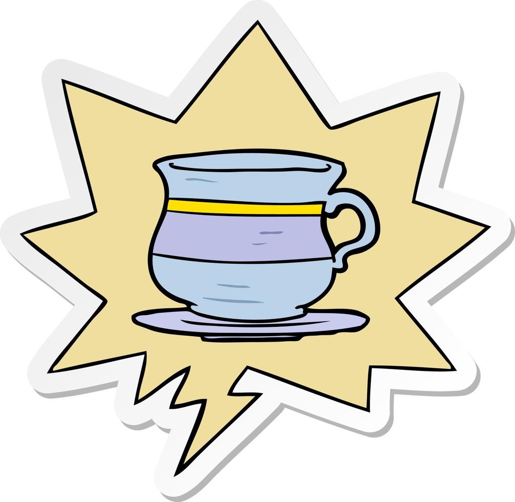 cartone animato vecchia tazza di tè e adesivo bolla di discorso vettore