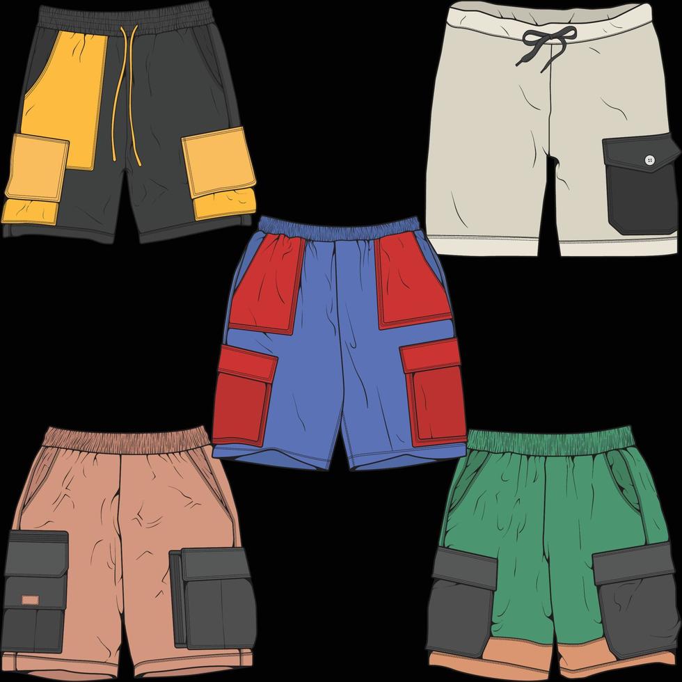 set di pantaloni corti a blocchi di colore disegno vettoriale, set di pantaloni corti in uno stile schizzo, modello di scarpe da ginnastica, illustrazione vettoriale. vettore