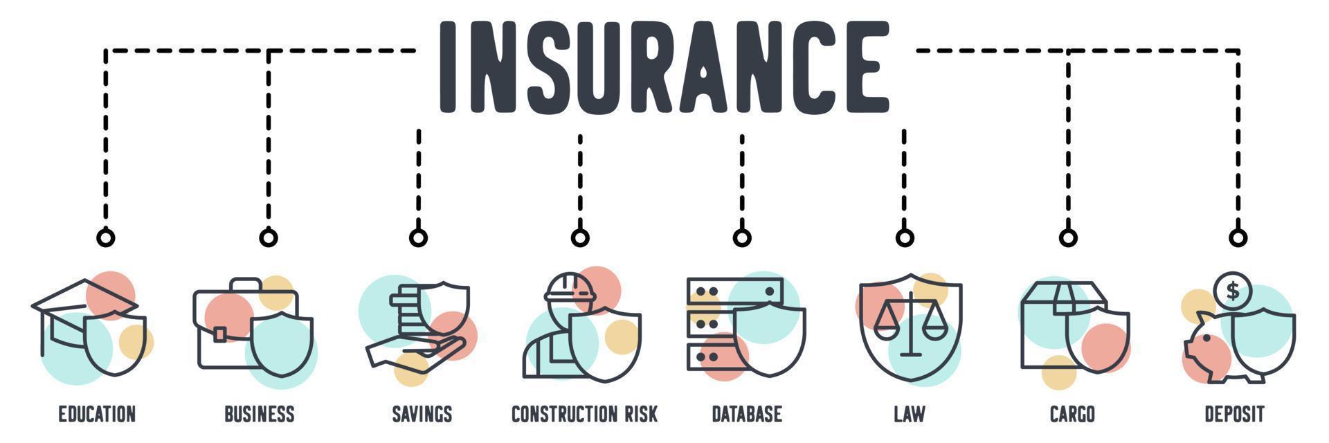 icona web banner di assicurazione. istruzione, affari, risparmio, rischio di costruzione, database, legge, carico, concetto di illustrazione vettoriale di deposito.