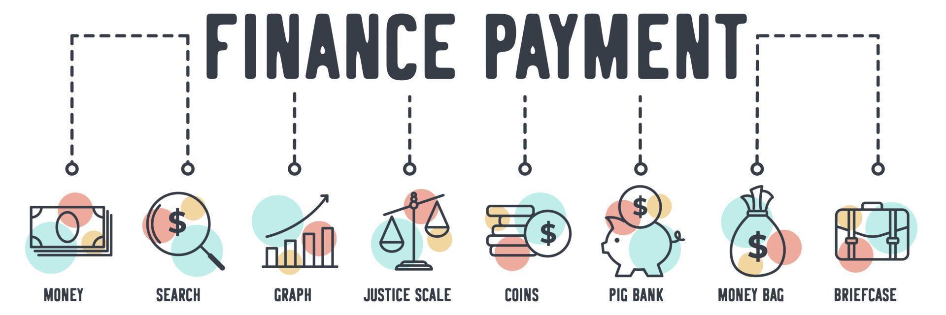 icona web di pagamento delle finanze. denaro, ricerca, grafico, scala della giustizia, monete, banca dei maiali, borsa dei soldi, concetto di illustrazione vettoriale valigetta.