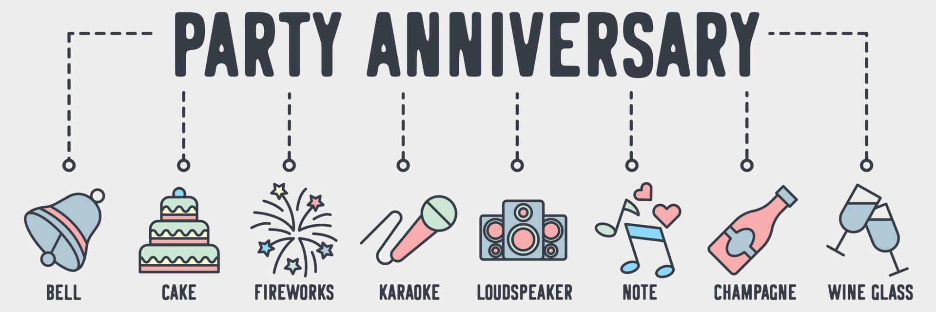 icona web banner di anniversario di festa. campana, torta, fuochi d'artificio, karaoke, altoparlante, nota, champagne, concetto di illustrazione vettoriale di bicchiere di vino.