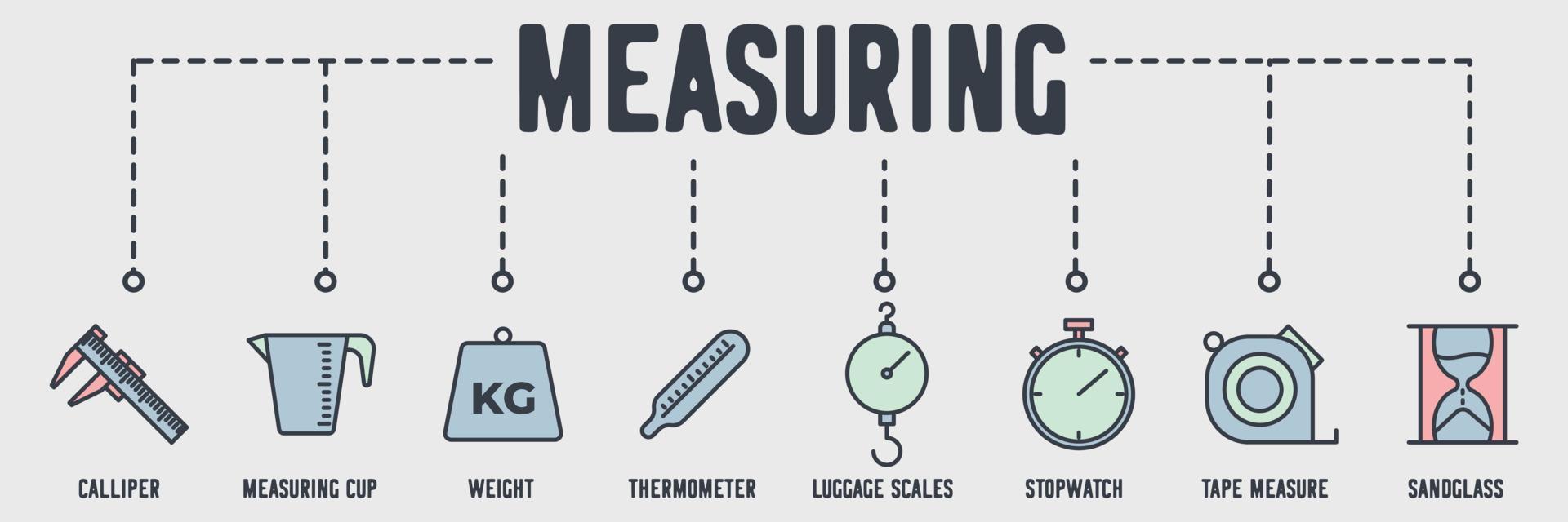 icona web banner di misurazione. calibro, misurino, peso, termometro, bilancia per bagagli, cronometro, metro a nastro, concetto di illustrazione vettoriale di clessidra.