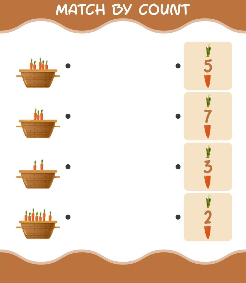 corrispondenza per conteggio della carota dei cartoni animati. partita e conteggio del gioco. gioco educativo per bambini e bambini in età prescolare vettore