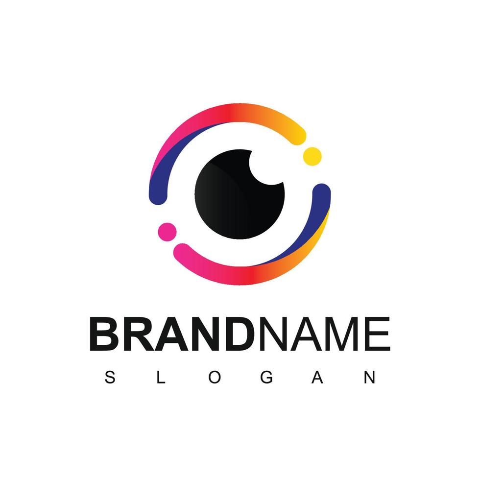 design del logo dell'occhio per il simbolo dell'azienda ottica e fotografica vettore