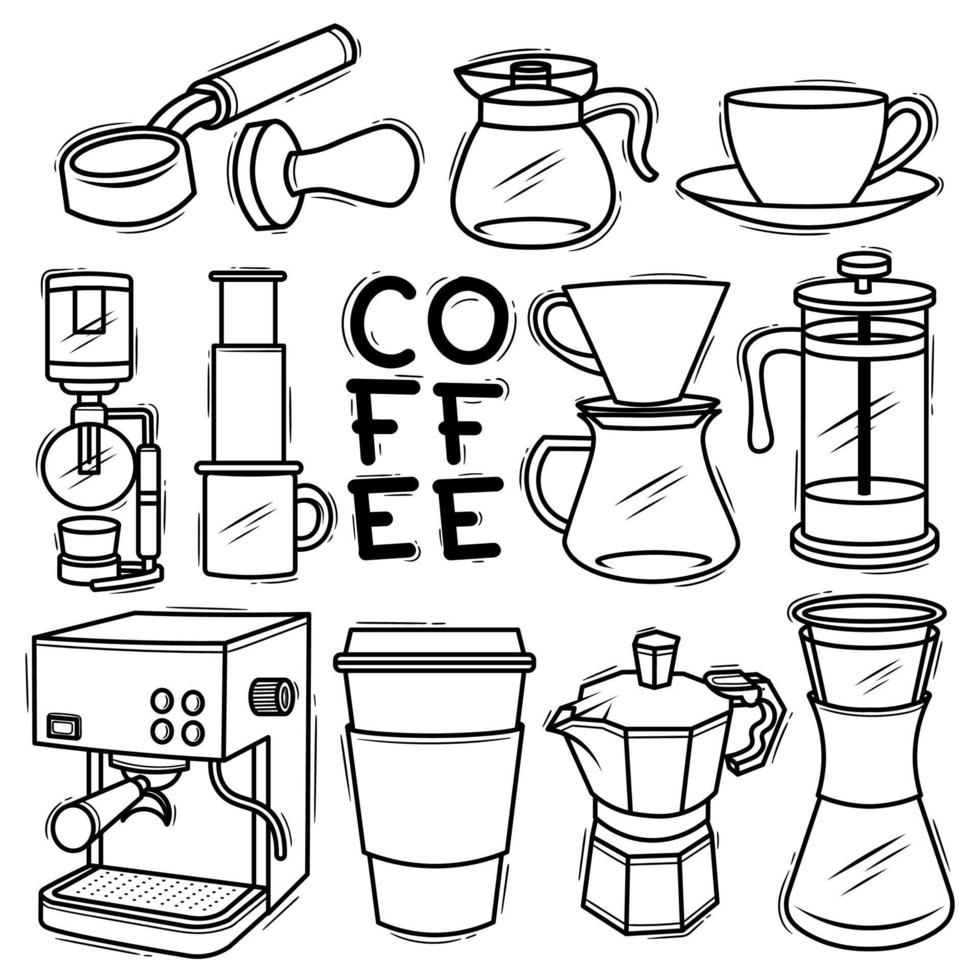 set di strumenti per macchine da caffè elemento doodle disegnato vettore