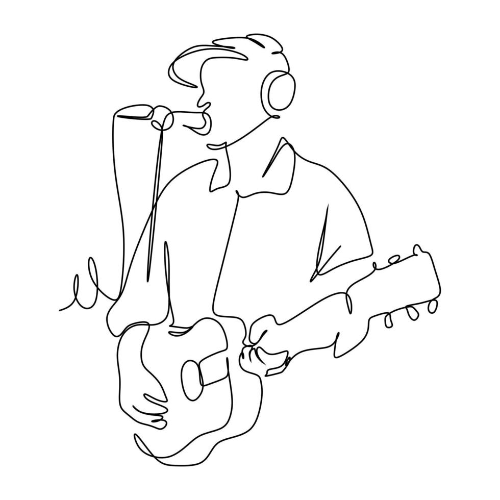 disegno a tratto continuo di un cantante maschio che canta una canzone e suona musica. illustrazione vettoriale del concetto di performance artista musicista