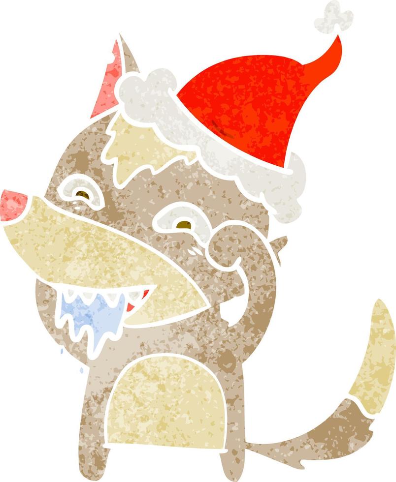 cartone animato retrò di un lupo affamato che indossa il cappello di Babbo Natale vettore
