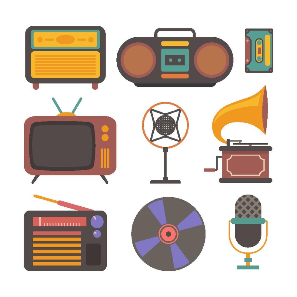 set vintage retrò di apparecchiature podcast o elementi di strumenti, bundle groovy. etichetta adesiva di oggetti vintage in stile anni '70, '80, '90. illustrazione piatta con microfoni, mixer, cuffie e altoparlanti vettore